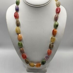 Vintage Multi Color Faux Stone Bead Necklace Gold Tone Barrel Clasp Chunky Boho